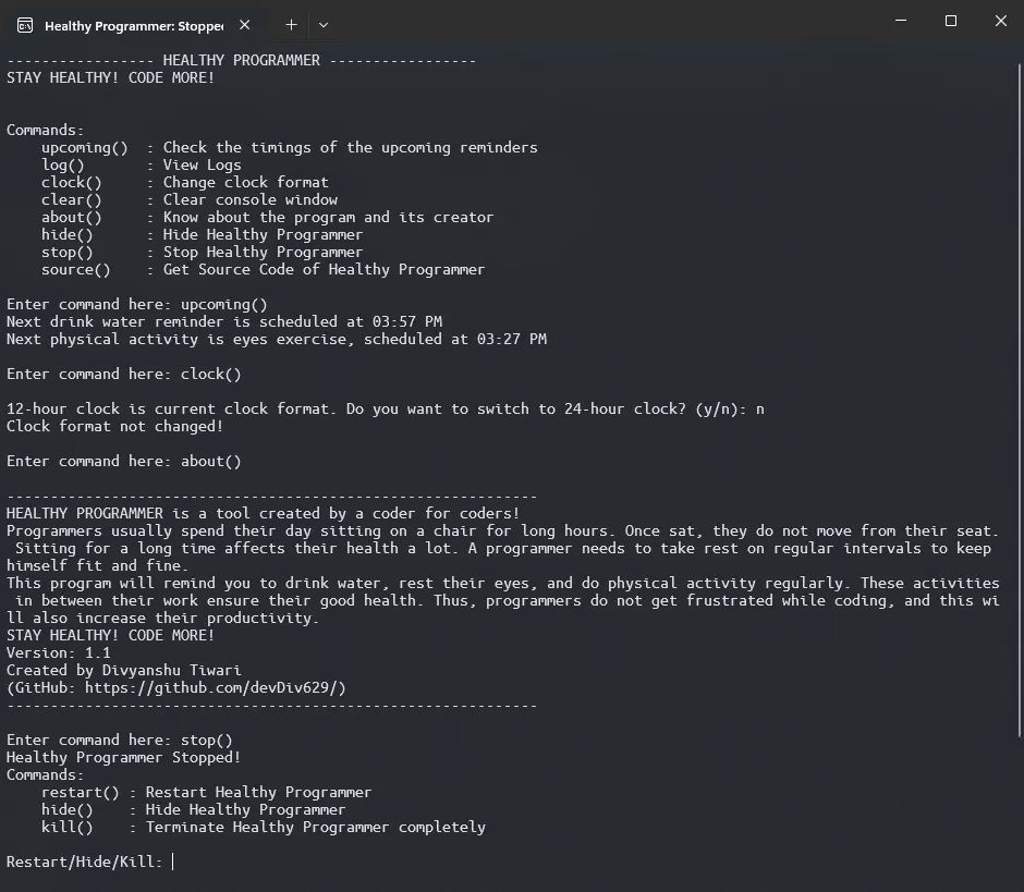 Healthy Programmer command-line app screenshot